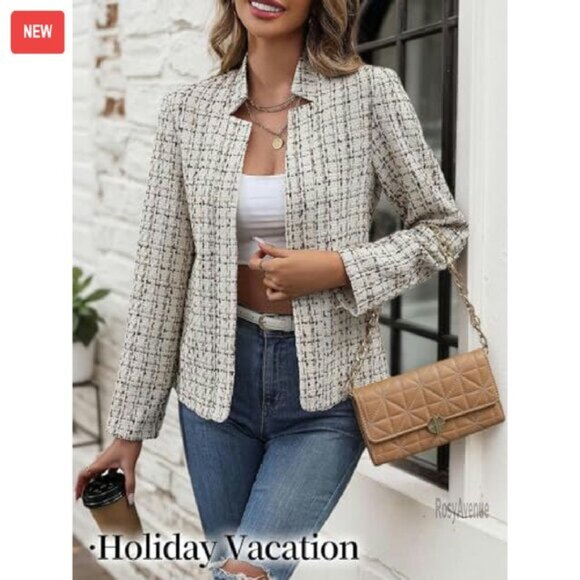 Women's Tweed Blazer Fully Lined Open Front Professional Casual Coat - Picture 4 of 8